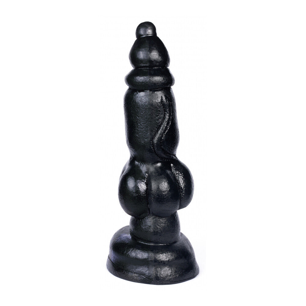 Textured dog-themed dildo in marbled pink and white silicone, from various toy brands.