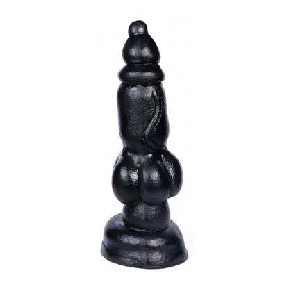 Textured dog-themed dildo in marbled pink and white silicone, from various toy brands.