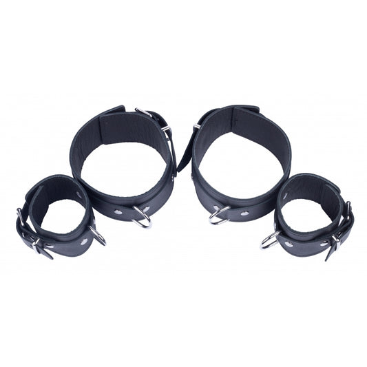 the red leather forearm shackles: restraint cuffs in scarlet leather, a bondage accessory