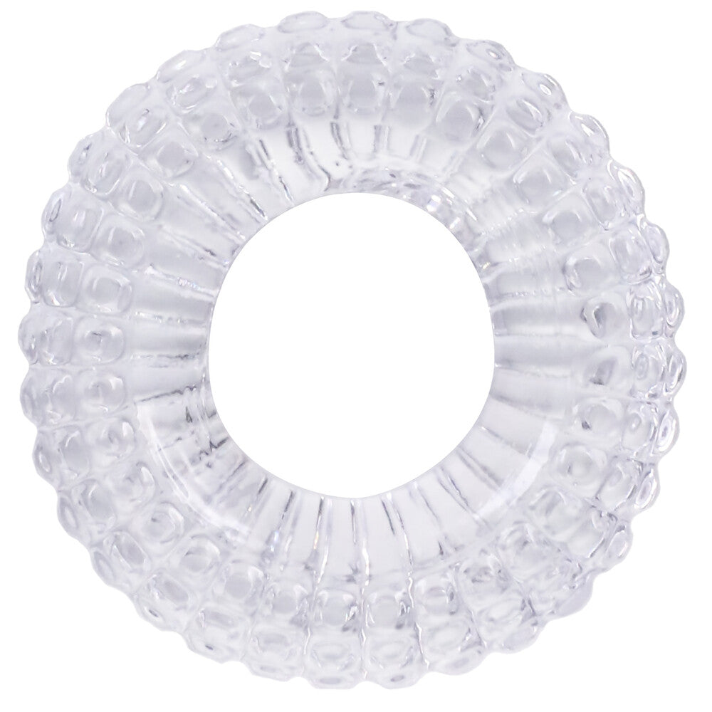 Close-up of a textured radial cock ring in a smooth, skin-safe material for enhanced pleasure.