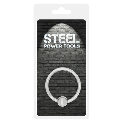 A silver-coloured, 30mm steel acorn penis ring from steel power tools, used for bondage play.