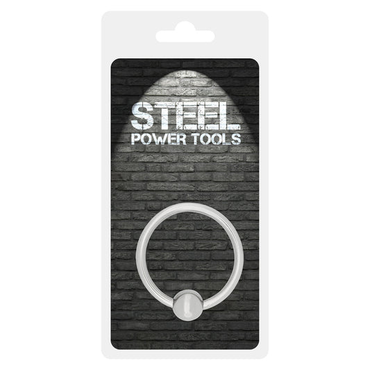 A silver-coloured, 30mm steel acorn penis ring from steel power tools, used for bondage play.