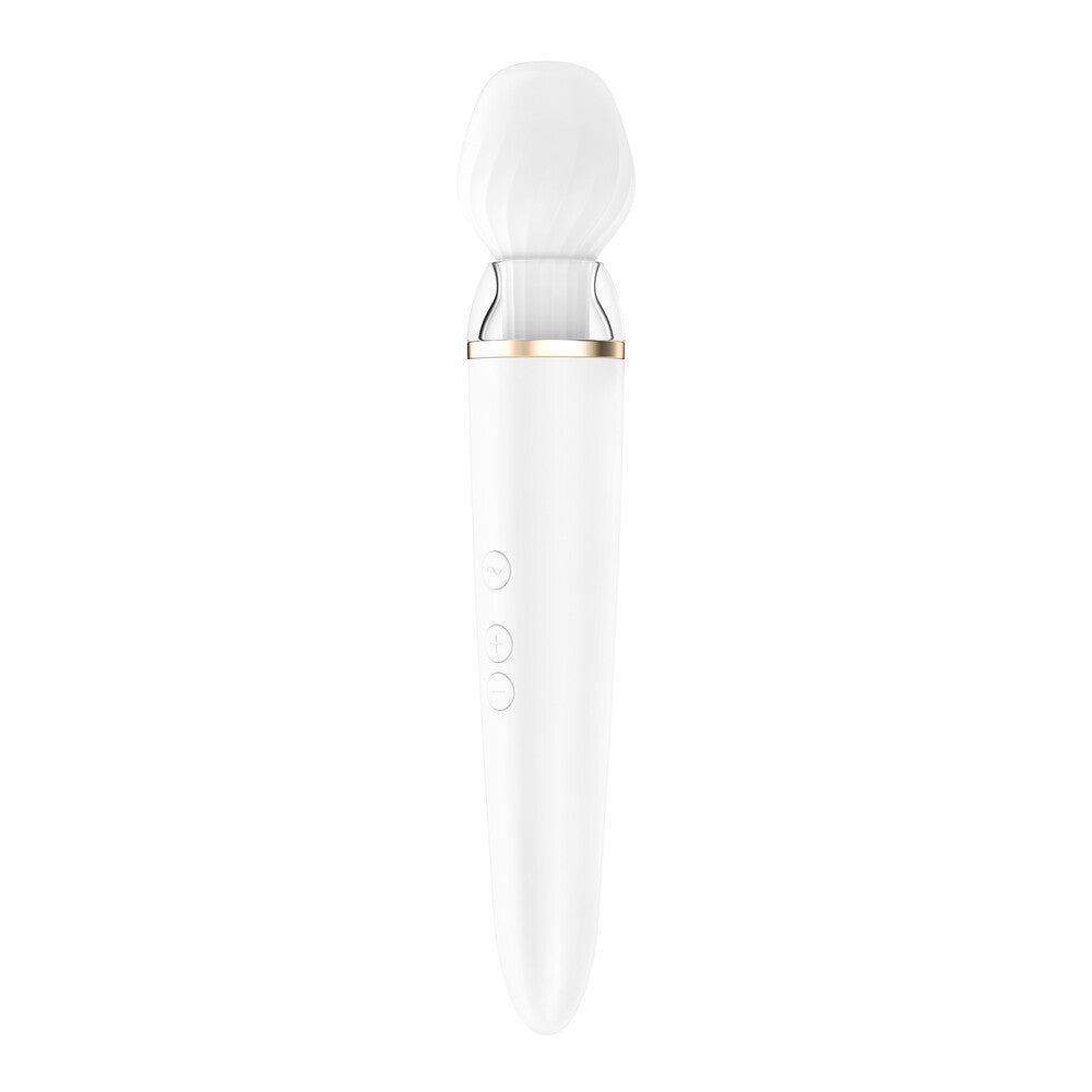 The Satisfyer Double Wander, a lilac and silver app-controlled couples' wand massager.