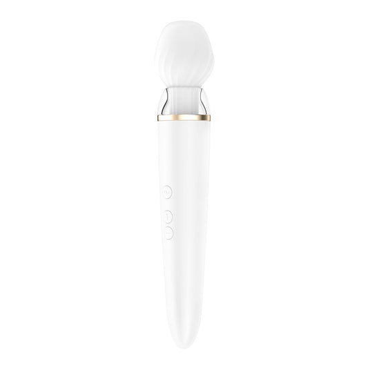 The Satisfyer Double Wander, a lilac and silver app-controlled couples' wand massager.