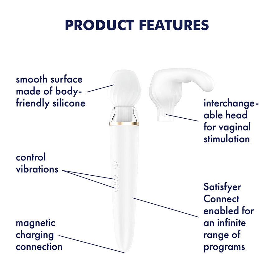 The satisfyer double wander, a sleek vibrator with bluetooth, showing its curved design.