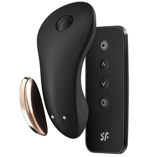The Satisfyer Little Secret vibrator, a small, discreet clitoral stimulator designed for wearing under knickers.