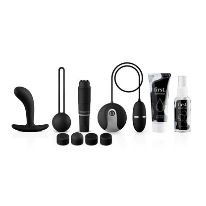 Various toy brands first self love sexperience kit featuring vibrator and lubricant.