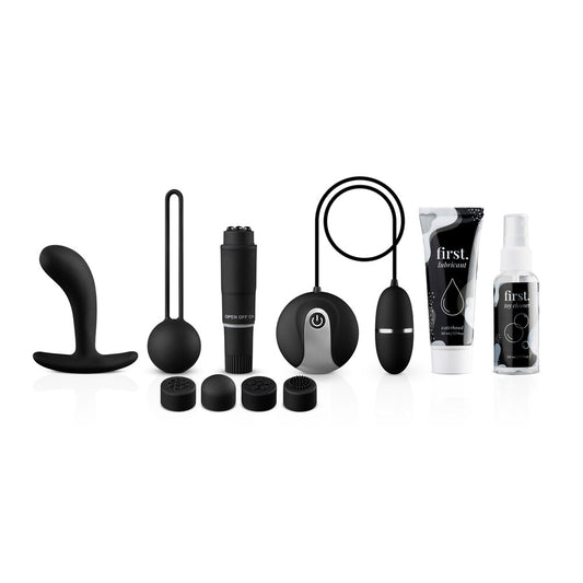 Various toy brands first self love sexperience kit featuring vibrator and lubricant.