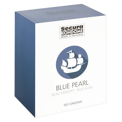 Secura Kondome Blue Pearl condoms, ribbed and warming, a pack of one hundred.