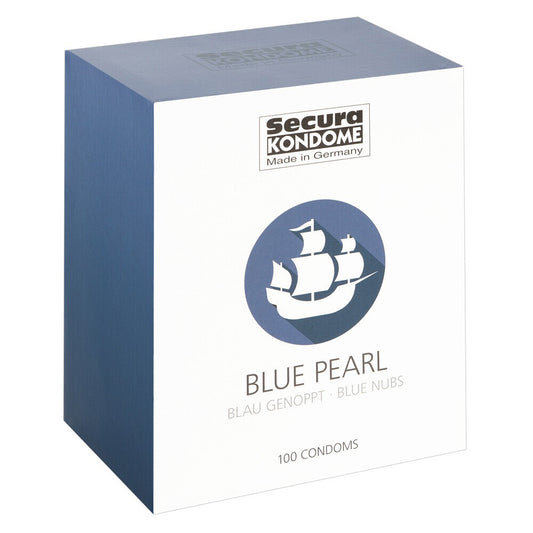 Secura Kondome Blue Pearl condoms, ribbed and warming, a pack of one hundred.