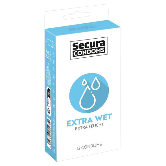 Secura condoms 12 pack, extra wet lubricant, ribbed and stimulating texture.