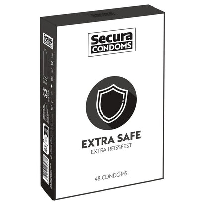 Secura condoms 48 pack, extra safe variety, presented in a red and white box.