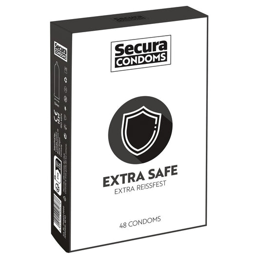 Secura condoms 48 pack, extra safe variety, presented in a red and white box.