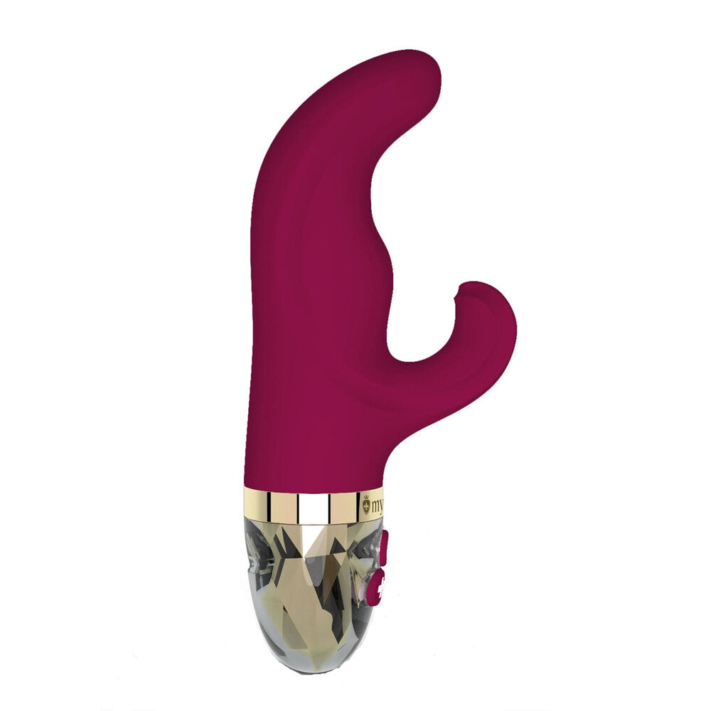 Close-up of a small, purple MyStim Hop Hop Bob vibrator, a mini massager for personal use.