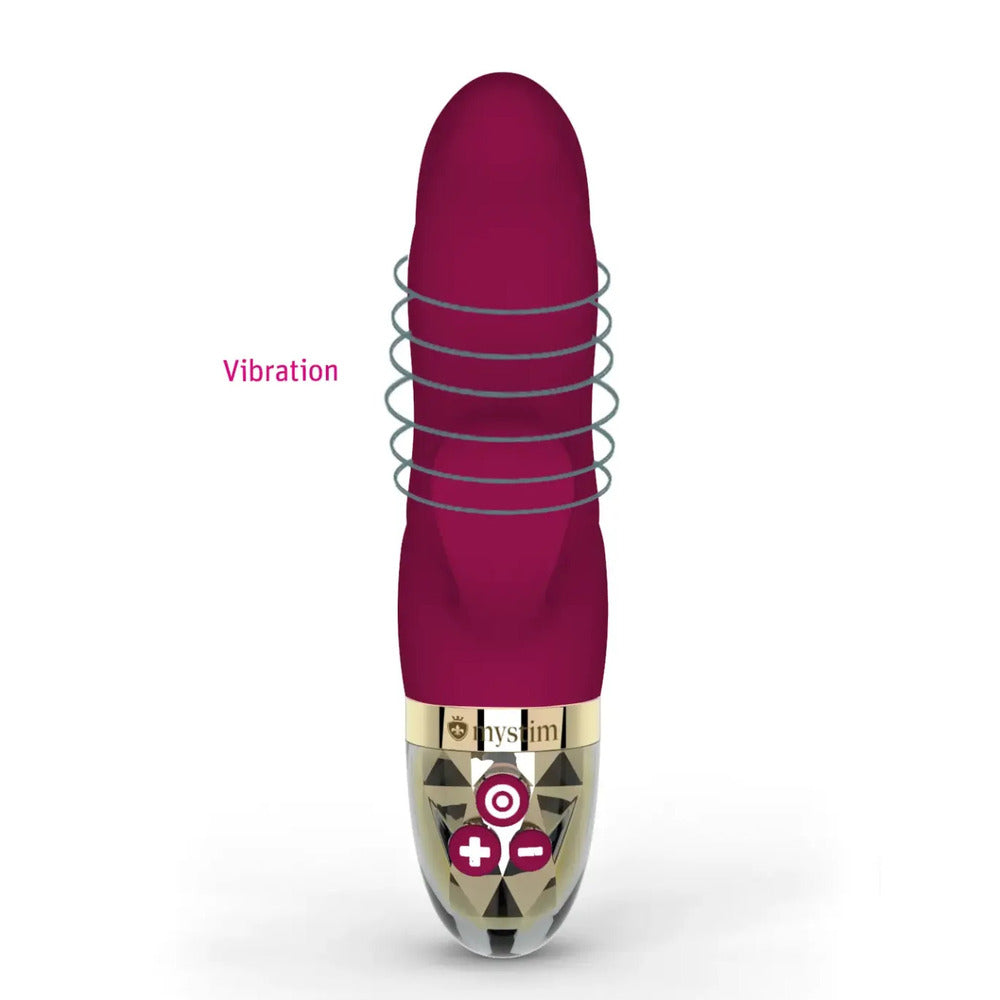 A small, egg-shaped vibrator in a shiny, smooth material, part of the mystim range.