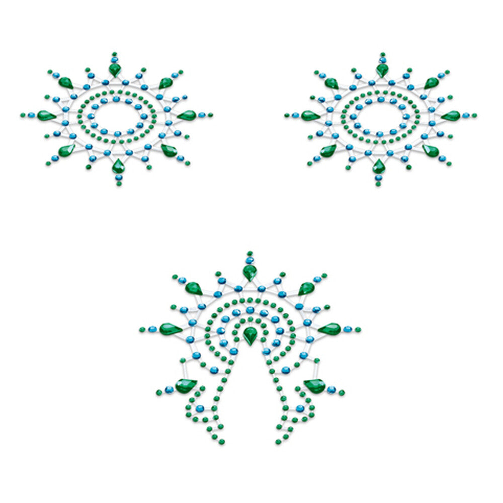 Green nipple and vagina pasties by Petits Joujoux, sparkly body jewellery for adults