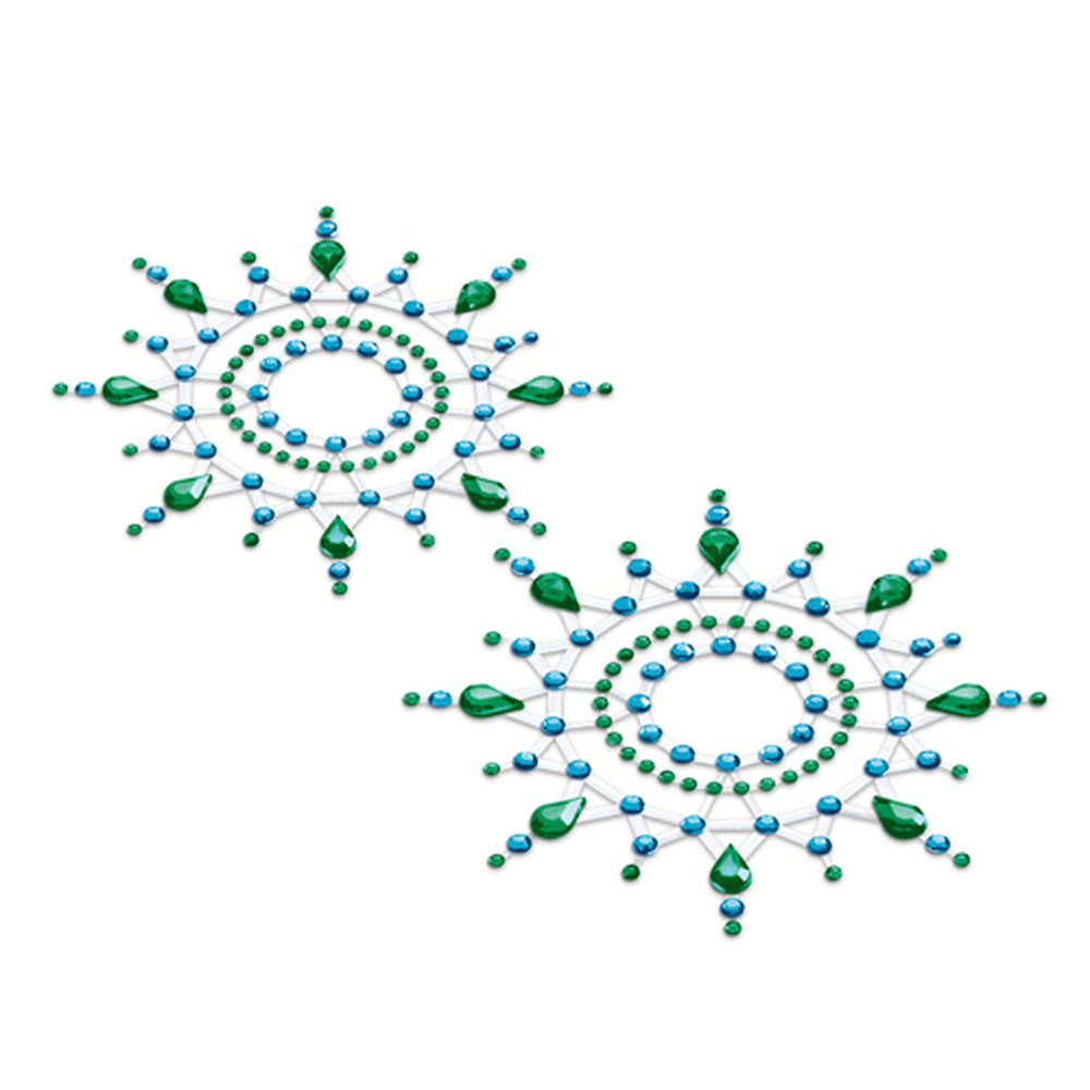 Green nipple and vagina pasties, body jewellery for burlesque or playful lingerie.