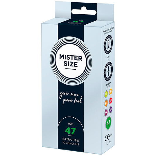 A pack of mister size 47mm 'your size pure feel' condoms, ten in the box.