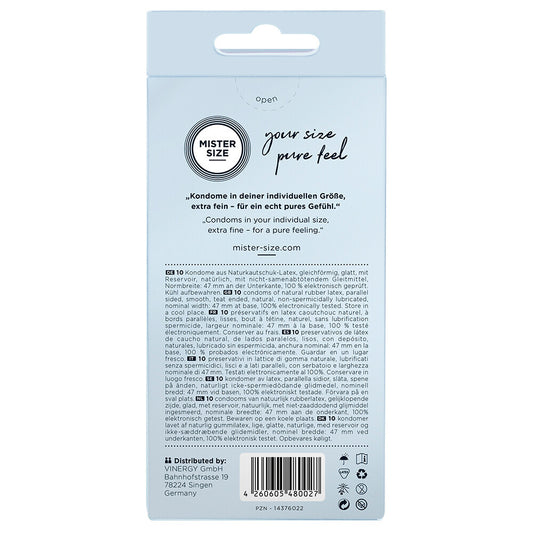Mister Size 47mm condoms ten pack, for a natural and comfortable feel.