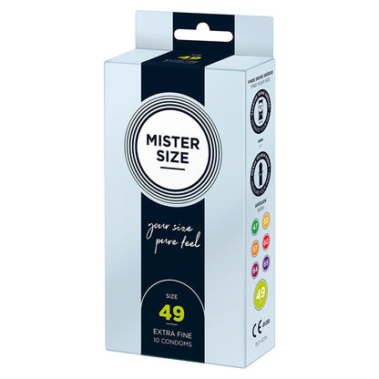 mister size 49mm condoms in a pack of ten, natural and regular fit.