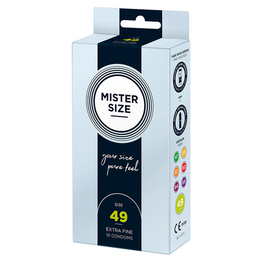 mister size 49mm condoms in a pack of ten, natural and regular fit.
