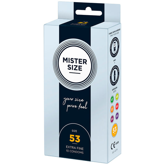 Mister Size 53mm condoms in a ten-pack, designed for a natural and regular feel.