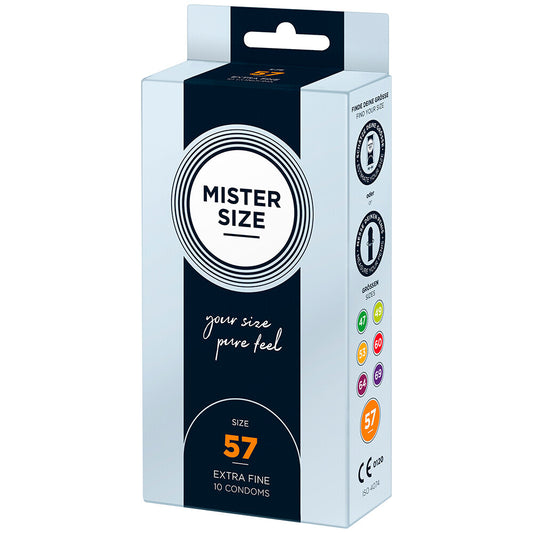 mister size 57mm condoms in a pack of ten, natural and regular style