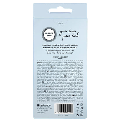 Mister Size 57mm condoms, ten pack. Natural, regular, pure feel protection.