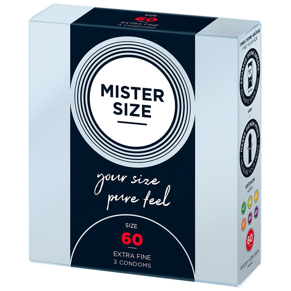 Mister Size 60mm condoms in a pack of three, for a comfortable and secure fit