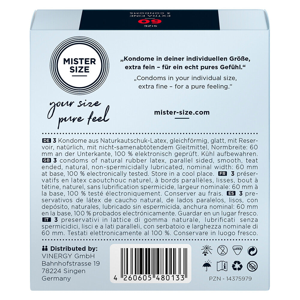 Close-up of a Mister Size 60mm condom packet, showing the product details. Contains three condoms.