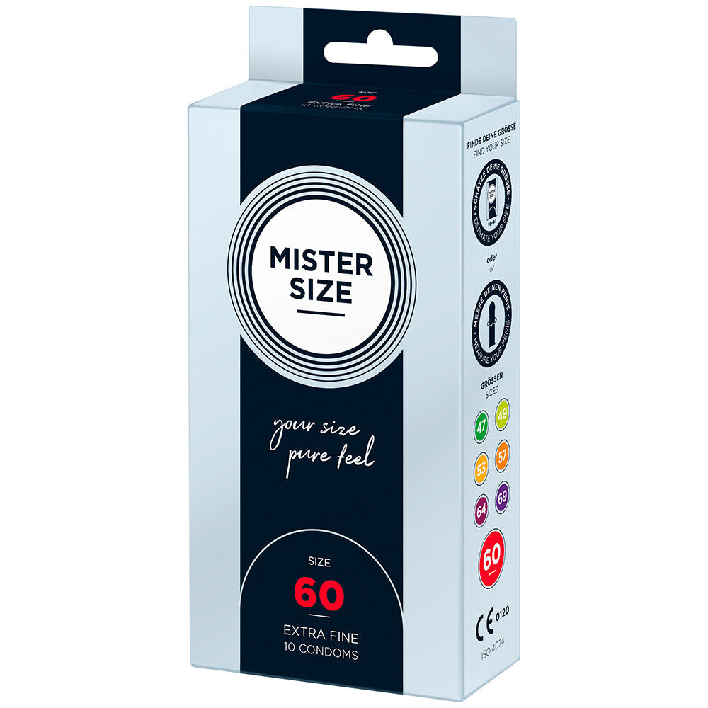 Ten pack of mister size 60mm 'your size pure feel' condoms, for a comfortable fit.