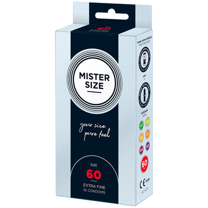 Ten pack of mister size 60mm 'your size pure feel' condoms, for a comfortable fit.