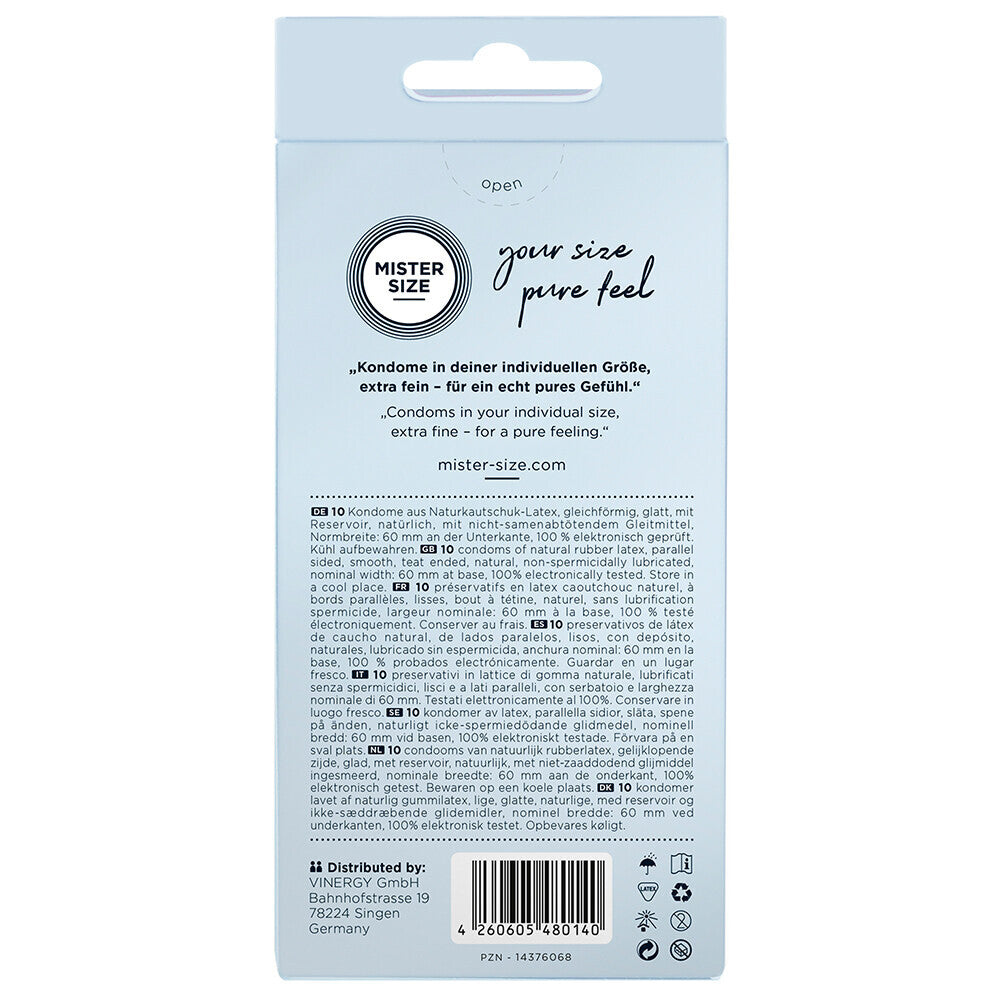 Ten pack of mister size 60mm 'your size pure feel' condoms for a comfortable fit.