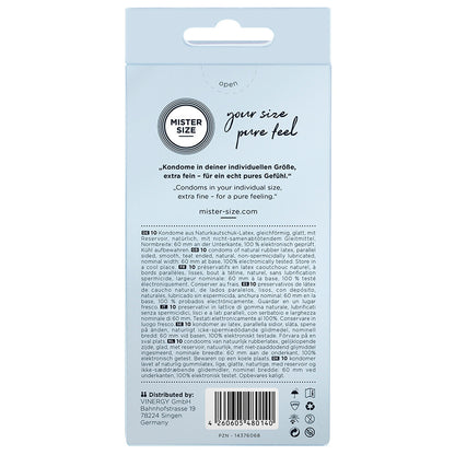 Ten pack of mister size 60mm 'your size pure feel' condoms for a comfortable fit.
