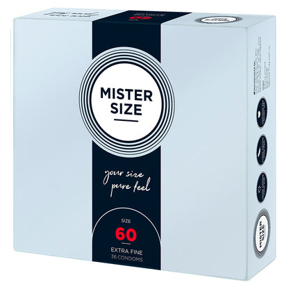 Mister Size 60mm condoms in a box of 36, designed for a comfortable fit.