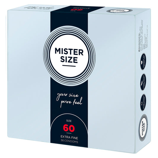 Mister Size 60mm condoms in a box of 36, designed for a comfortable fit.