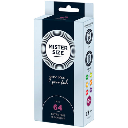 Mister Size 64mm condoms in a blue box, offering a pure feel for larger sizes.