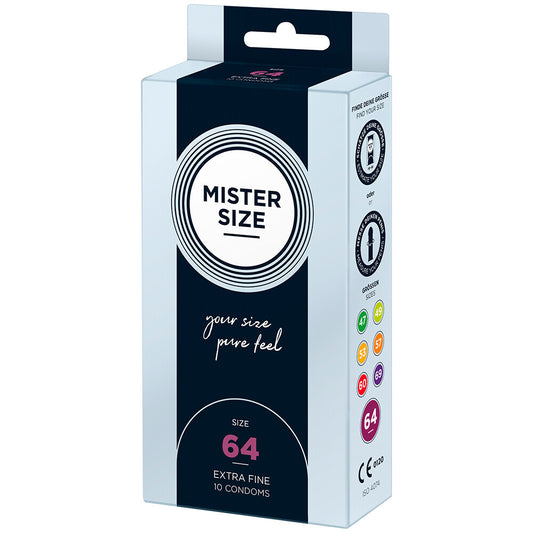 Mister Size 64mm condoms in a blue box, offering a pure feel for larger sizes.