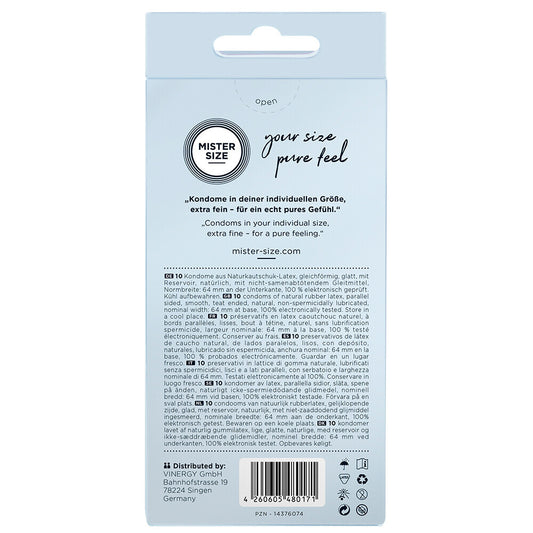 Mister Size 64mm condoms in a pack of ten, designed for a pure feel.