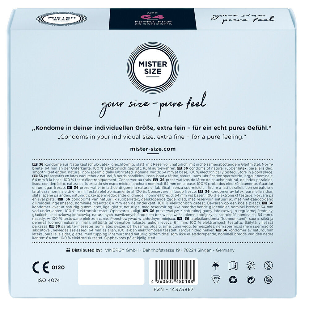 Mister Size 64mm condoms in a box of 36, for a comfortable, pure feel.