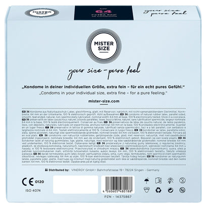 Mister Size 64mm condoms in a box of 36, for a comfortable, pure feel.