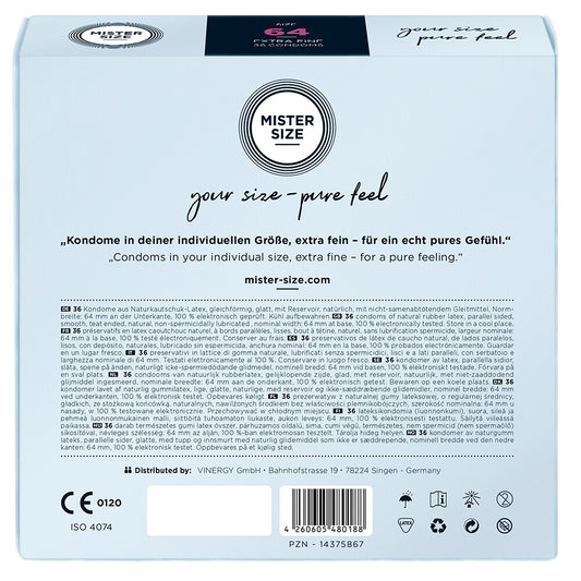Mister Size 64mm condoms in a box of 36, for a comfortable, pure feel.