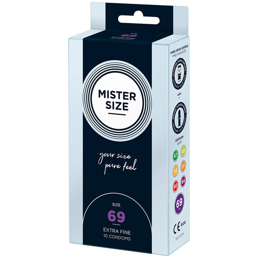 Mister Size 69mm condoms in a light blue box, large size for comfort