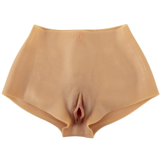 Ultra realistic vagina pants for use with strap on harnesses, flesh-toned material.