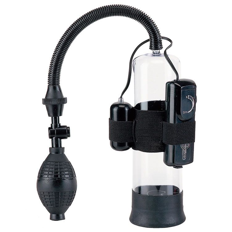 seven creations power pump: vibrating penis pump for penis development, clear plastic construction.