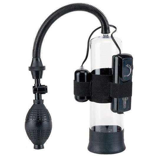 seven creations power pump: vibrating penis pump for penis development, clear plastic construction.
