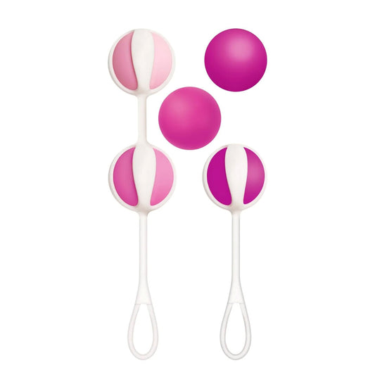 Three geisha balls for kegel exercise; graded size with smooth, jewel-toned finish.