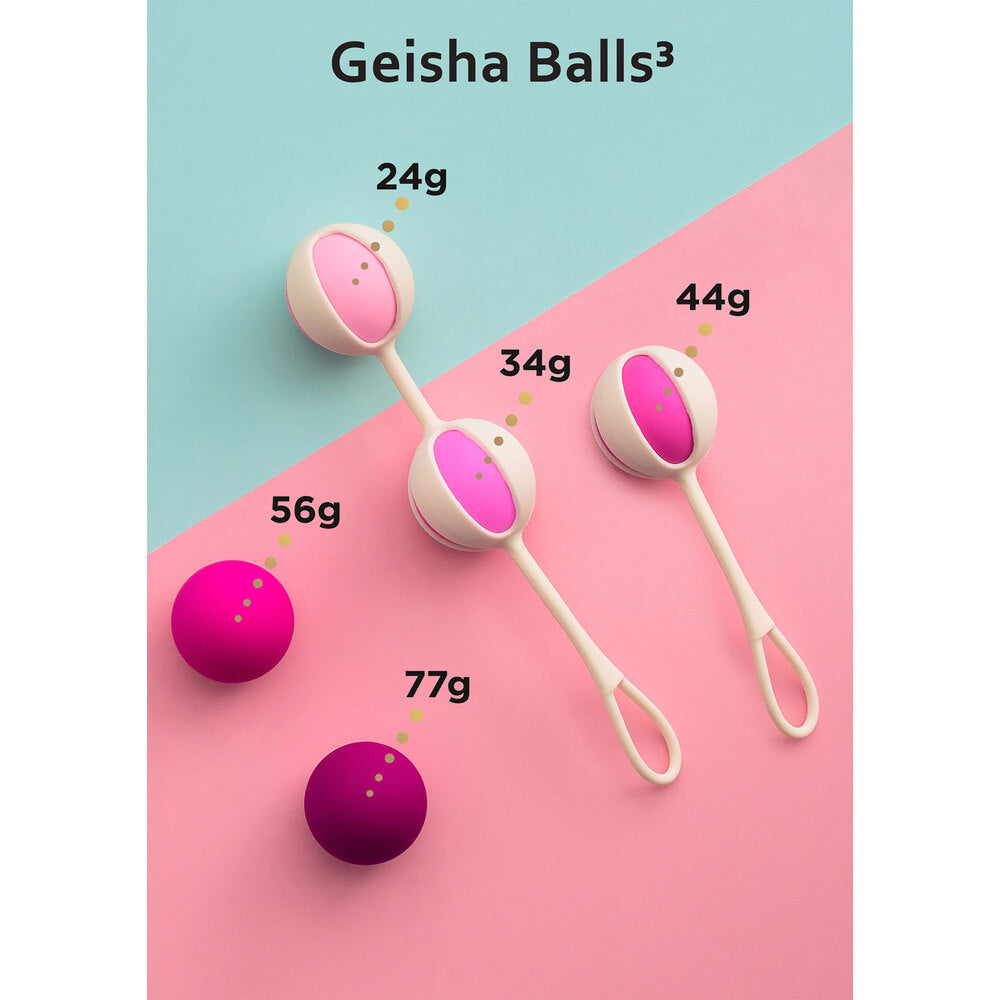 Smooth, graduated set of three geisha balls for kegel exercise, shown in shiny silver.