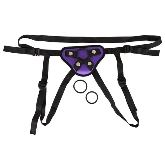 Purple and black universal strap on harness by you2toys for secure adventures.
