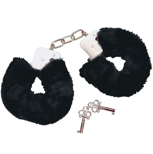 Black faux fur handcuffs for playful restraint, a naughty novelty from Fifi.
